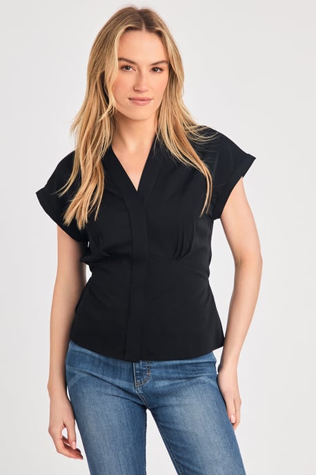 Black V-Neck Button Up Short Sleeve Crepe Blouse - Image 1