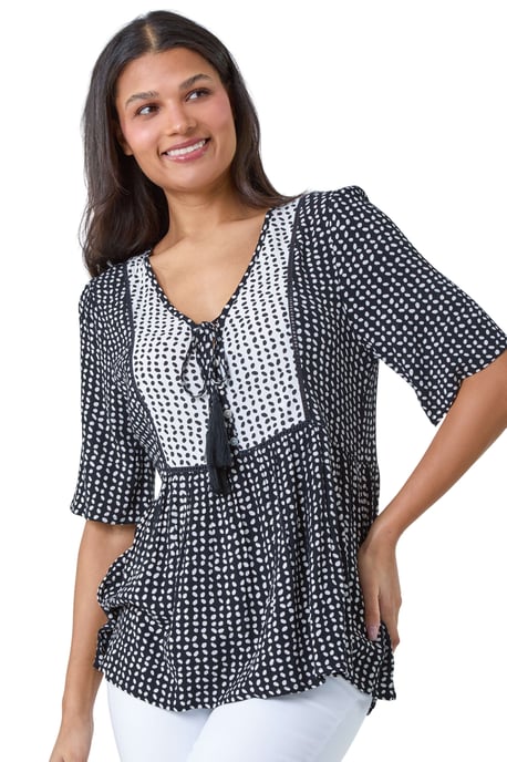 Geometric Print Tassel Tie Smock Top