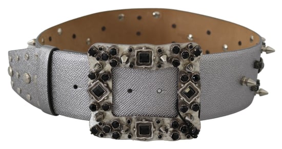 Dolce & Gabbana Women's Silver Leather Crystal Stud Logo Buckle Belt - Image 2