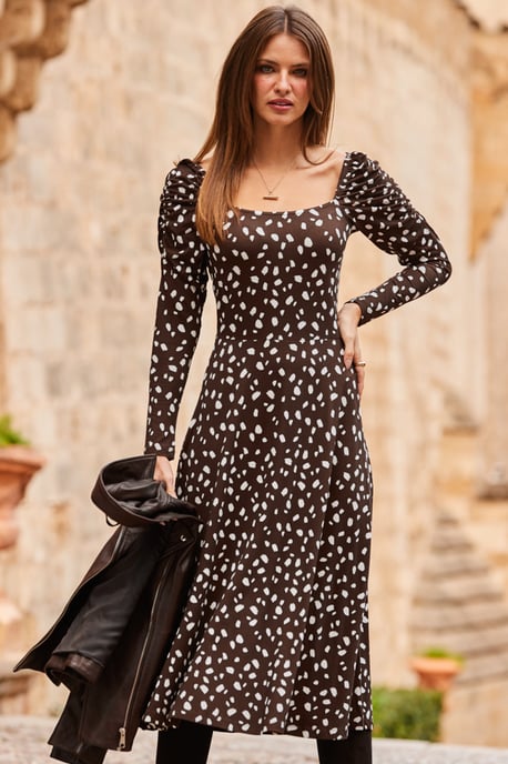 Chocolate Brown Fleck Print Square Neck Midi Dress