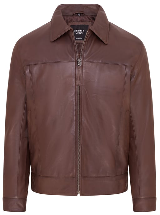 Mens Brown Retro Classic Leather Harrington Biker Jacket - Drammen