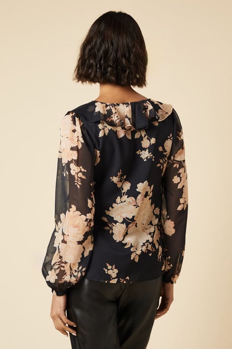 Ochre Floral Chiffon Ruffle Neckline Long Sleeve Blouse