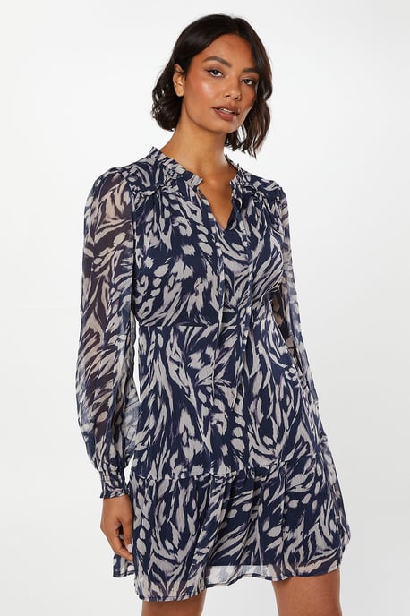 Navy Animal Chiffon Ruffle Hem Long Sleeve Mini Dress
