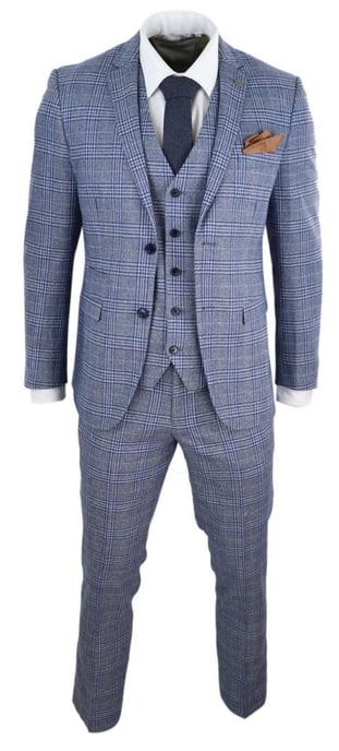 Mens 3 Piece Blue Grey Tweed Check Vintage Retro Suit - Image 5