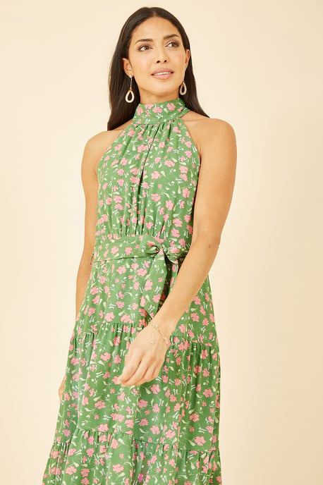 Green Halter Neck Floral Midi Dress