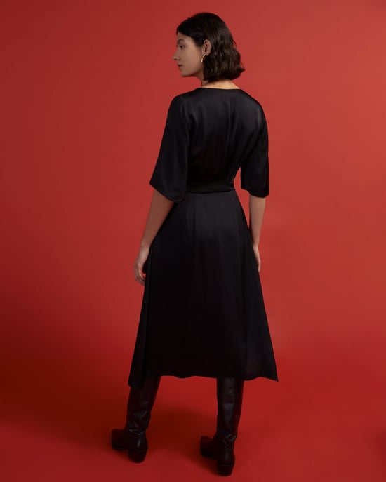 Hammered Satin V Neck Dress