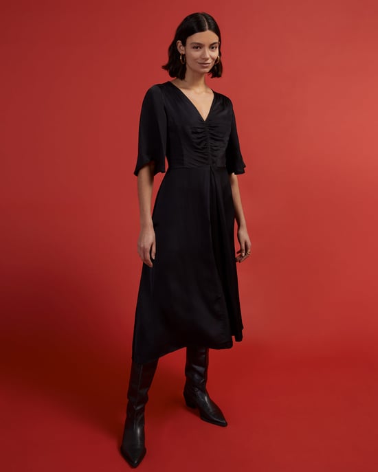 Hammered Satin V Neck Dress