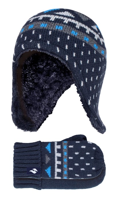 Heat Holders - Boys Outdoor Faux Fur Pom Pom Hat with Ear Flaps & Mittens Gloves - Navy - Image 1