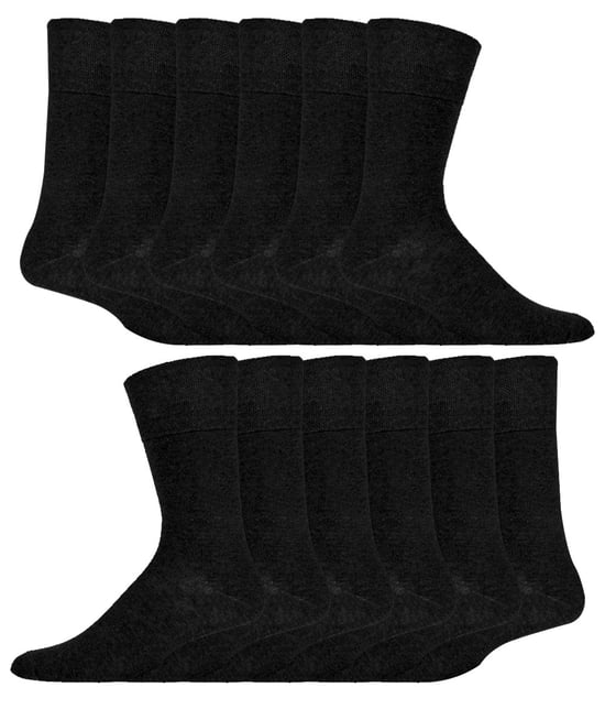 12 Pair Multipack Gentle Grip Top Diabetic Socks | IOMI | Mid Calf Loose Top Non Elastic Cotton Socks with Handlinked Seamless Toe - Black - Image 1