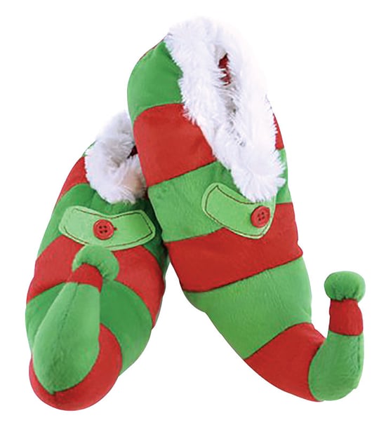 Novelty Childrens Christmas Elf Slippers | Funky Fleece Linied Red & Green Striped Xmas Slippers for Kids - Red & Green - Image 2