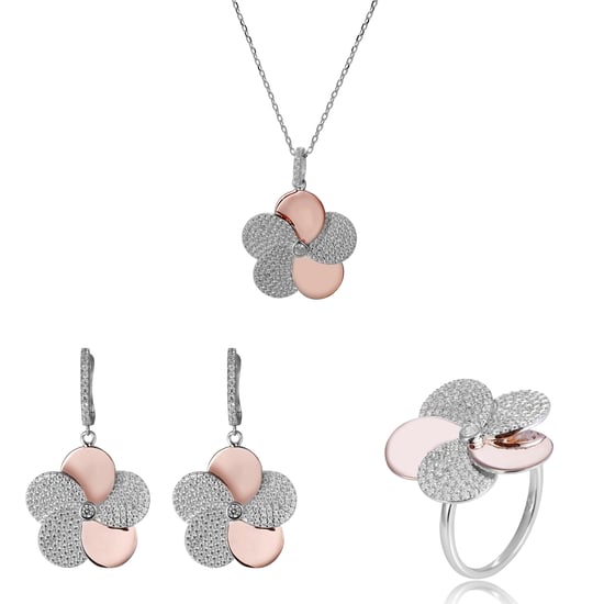 Orphelia 'Fioni' Women's 925 Sterling Silver Set: Necklace + Earrings + Ring - Silver/Rose SET-7452