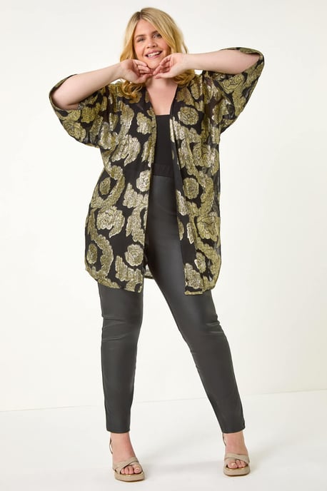 Curve Floral Foil Print Kimono