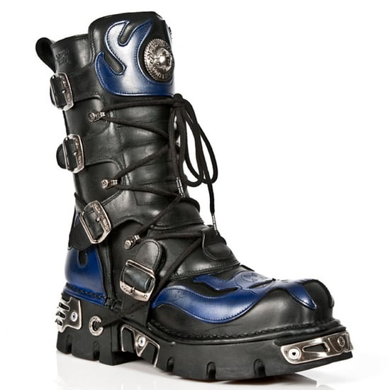 New Rock Unisex Black/Blue Leather Gothic Biker Skull Boots-107-C5