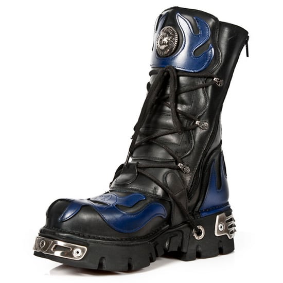 New Rock Unisex Black/Blue Leather Gothic Biker Skull Boots-107-C5