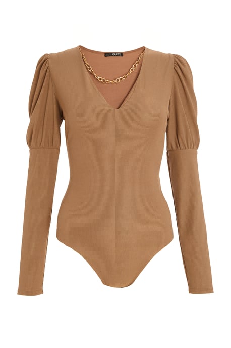 Mocha Ribbed Puff Sleeve Chain Bodysuit