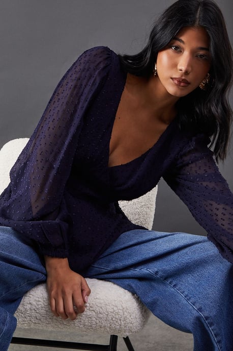 Plunge Neck Dobby Chiffon Double Layer Blouse