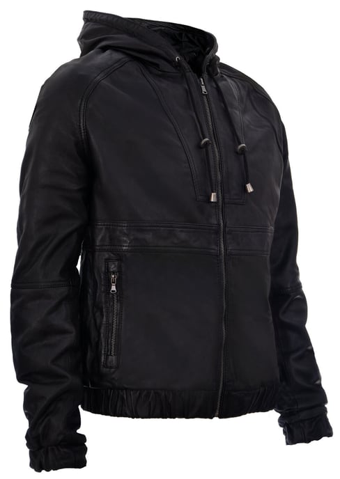 Zipped Leather Hooded Bomber Biker Jacket