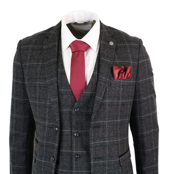 Mens 3 Piece Charcoal Grey Tweed Check Vintage Retro Suit - Image 5