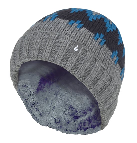 Heat Holders - Boys Thick Ribbed Woven Knitted Soft Pom Pom Bobble Beanie Hat - Pebble Melange/Teal/Navy - Image 1