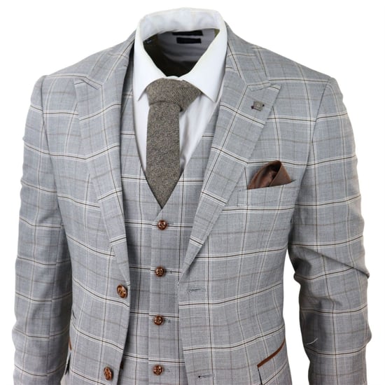 Mens Light Grey 3 Piece Velvet Trims Tailored Fit Suit