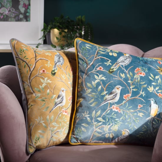 Wylder Tropics Orient Chinoiserie Birds Piped Velvet Feather Filled Cushion - Image 3