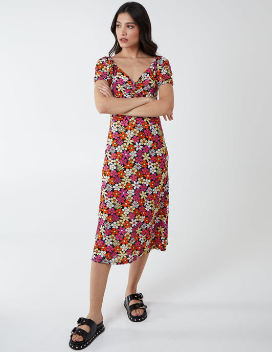 DULCIE - V Neck Ruched Midi Dress