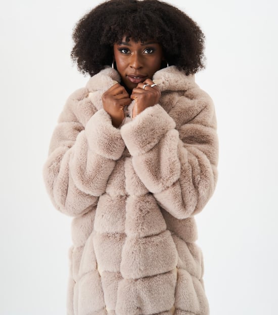 Panelled Hooded Longline Fur Coat