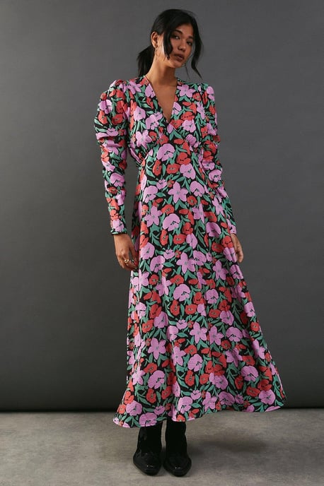 Floral Viscose V Neck Long Puff Sleeve Midi Dress - Image 1
