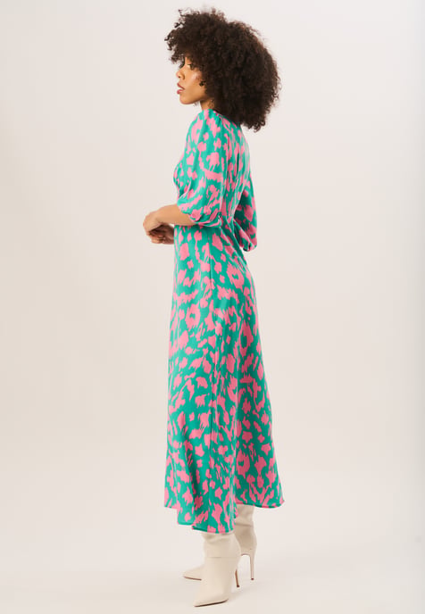 Green Animal Print V Neck Shift Midi Dress