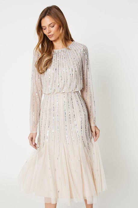Linear Sequin Embellished Long Sleeve Midi Dress - Image 4