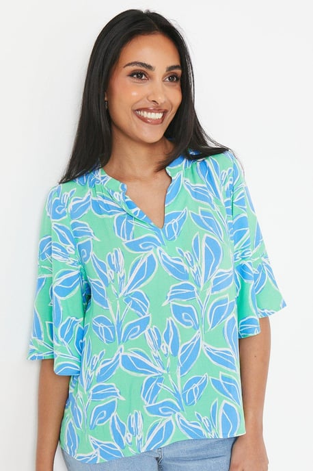 Petite Green Floral Flute Sleeve Blouse