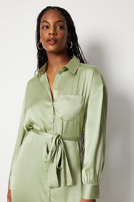 Satin Midi Belted Shirt Dress