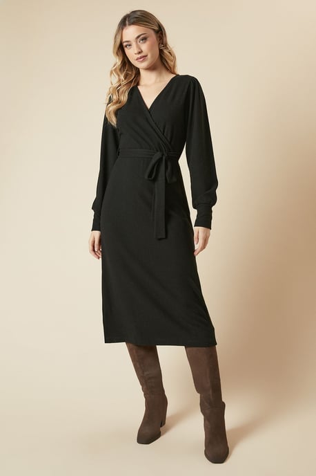 Brushed Wrap Belted Midi Dress