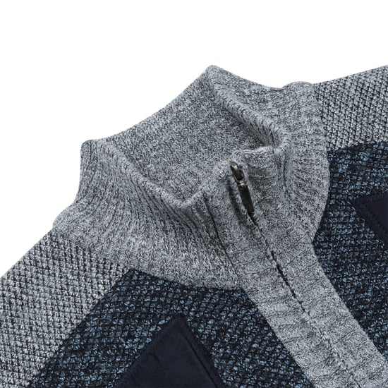 Men's Cardigan with Zip Stand-Up Collar Cardigan Chunky Knit Lined Jumper for Winter Blue