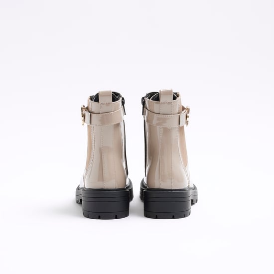 River Island Womens Boots Beige Wide Fit Patent Buckle