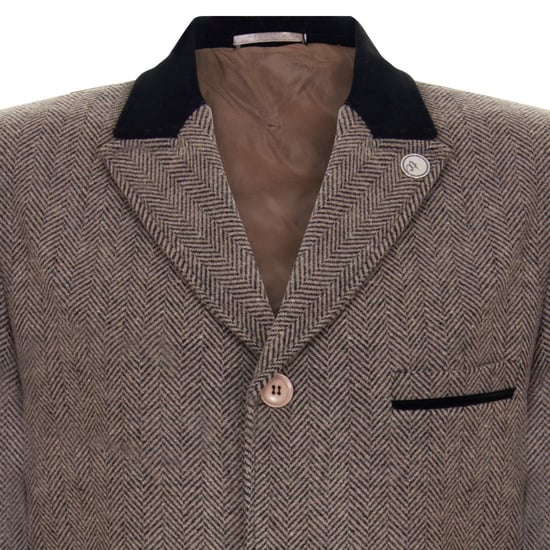 Mens 3/4 Brown Long Crombie Overcoat Jacket Herringbone Tweed Coat Peaky Blinder