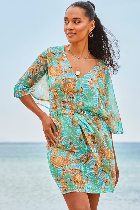 Green Baroque Print Tie Waist Beach Kaftan