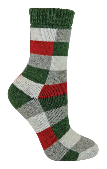 Dames geruite wol / zijde mix sokken - Groen Rood - Image 1