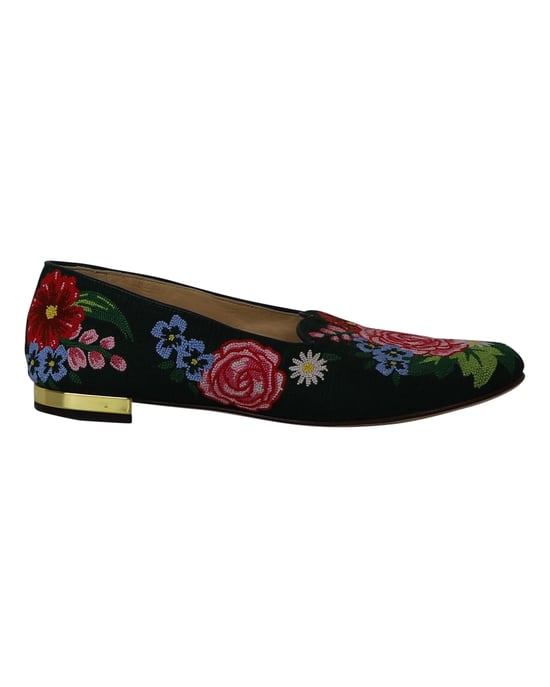 Charlotte Olympia Rose Garden Floral Embroidered Flats in Green Fabric - Image 1