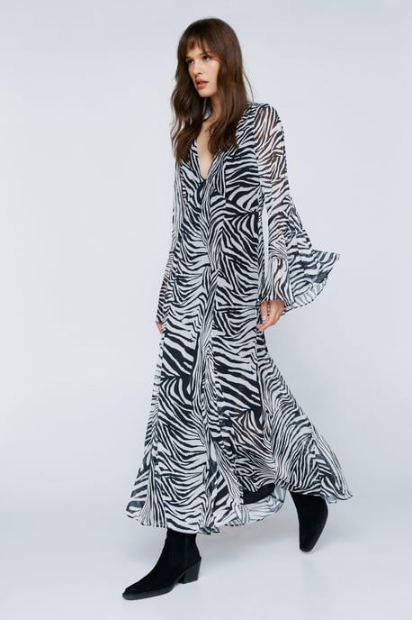 Animal Print Chiffon Long Sleeve Maxi Dress