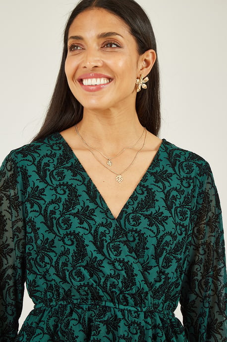 Green Velour Printed Long Sleeve Wrap Top