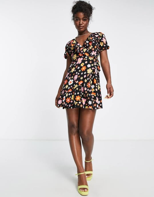 Miss Selfridge frill wrap mini tea dress in black retro floral