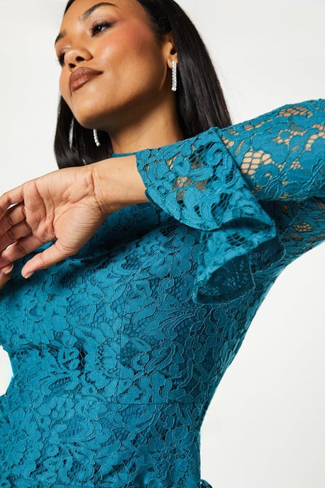 Long Sleeve Tiered Ruffle Lace Midi Dress