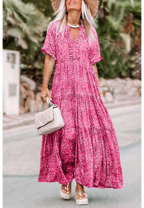 Women's Boho Paisley Print Ruffle Tiered Maxi Dress in Pink - Image 1