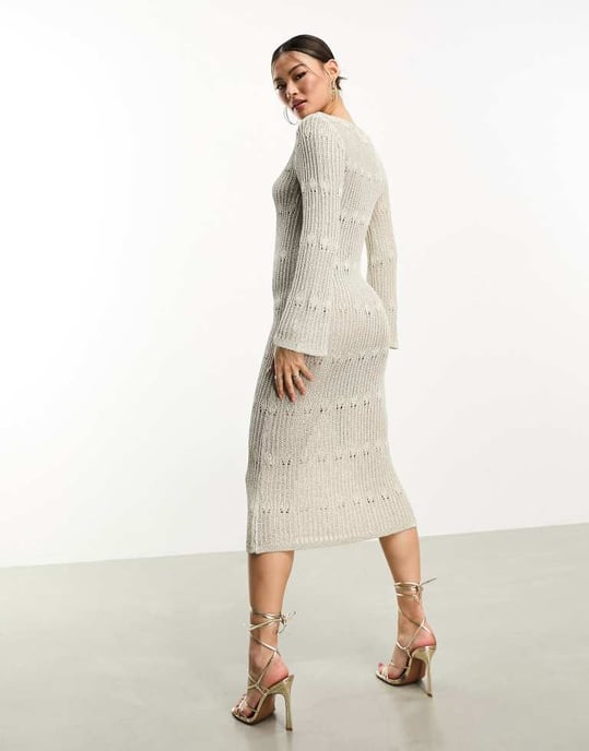 ASOS DESIGN metallic knitted maxi dress with stitch detail in silver