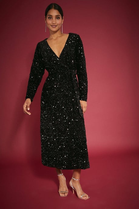 Velvet Sequin Wrap Midi Dress