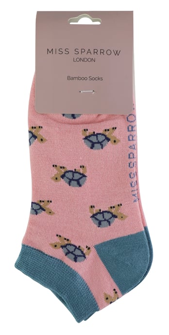 Ladies Bamboo Trainer Socks | Miss Sparrow | Breathable Low Cut Socks for Women - Turtles (Pink) - Image 2