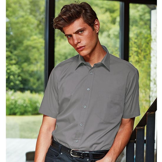 Premier Mens Short Sleeve Formal Poplin Plain Work Shirt (Dark Grey) - Image 2
