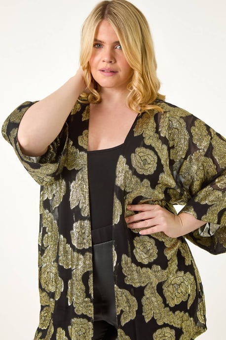 Curve Floral Foil Print Kimono