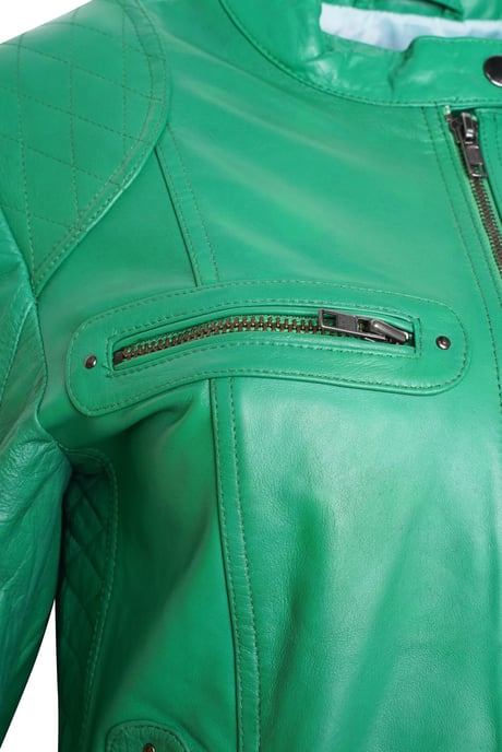 Pelle D’annata Ladies Real Leather Biker Jacket in Cool Green